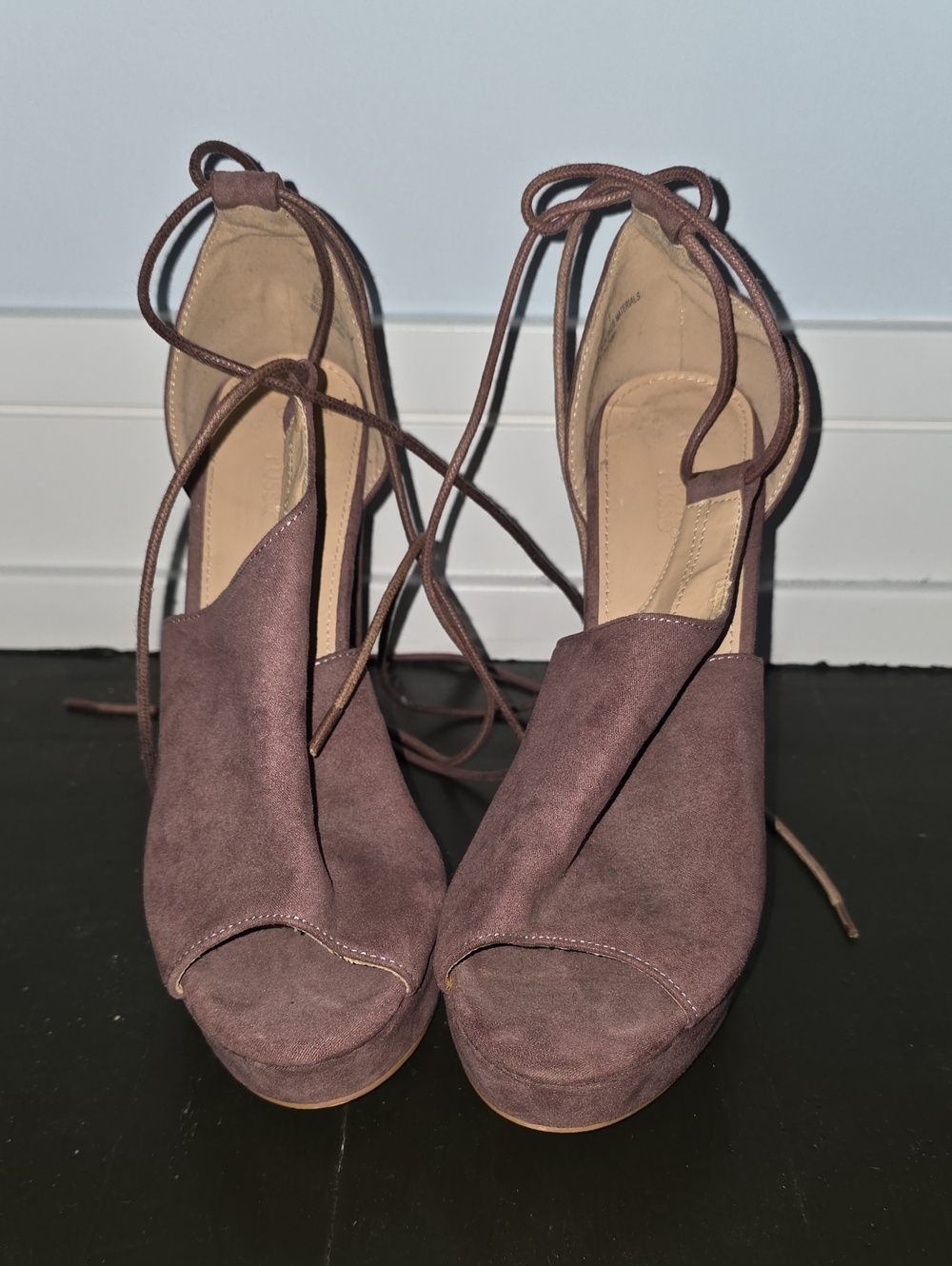 Charlotte Russe Mauve Suede Lace-Up Peep Toe Heels